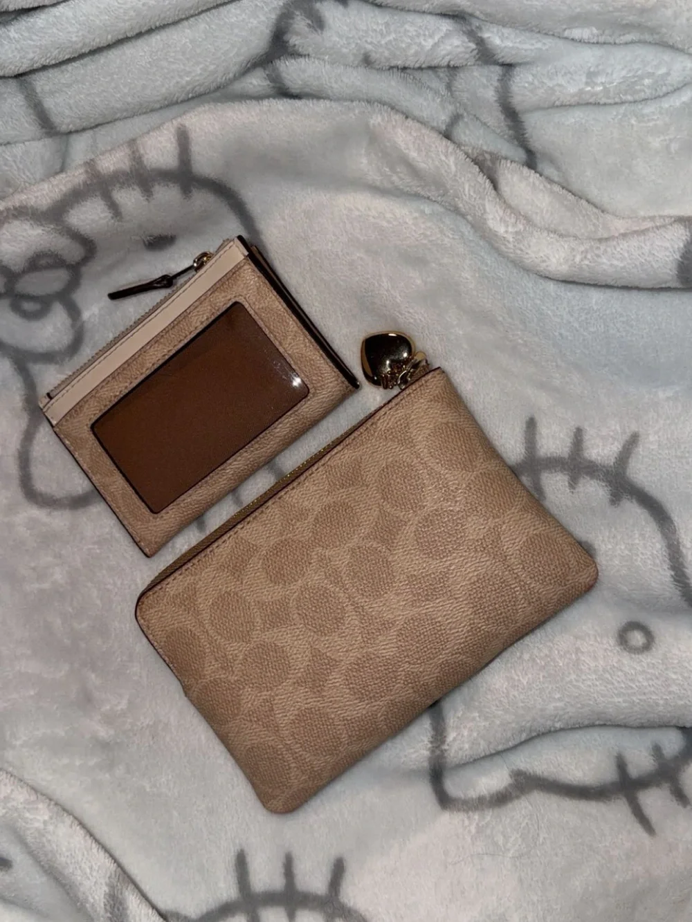Coach Signature Khaki & Chalk Small Wrist Pouch and Card Case Set